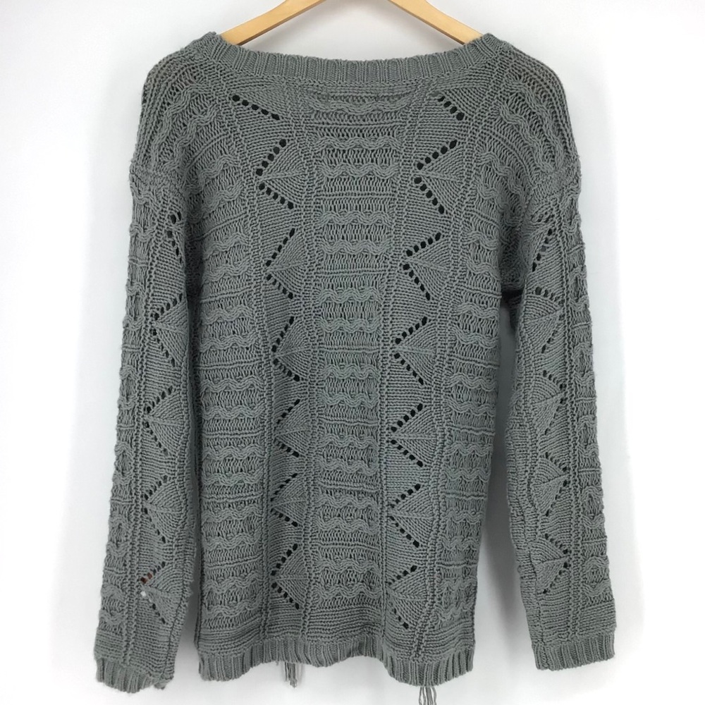 Elan Grey Cable Knit Fringe Tassel Front Sweater - Picture 4 of 6